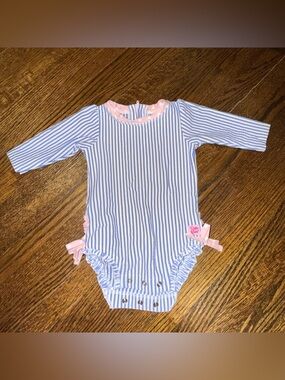 Ruffle Butts Blue & Pink Striped Long-Sleeve Rashguard One-Piece